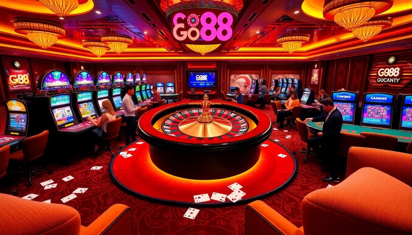 Experience thrilling gameplay at Go88 with vibrant casino visuals of roulette and slot machines.