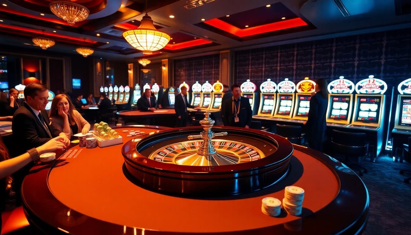 Players engaging in thrilling kp88 bet activities at an upscale casino with roulette and poker chips.