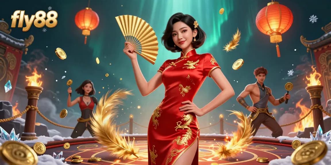 Experience the thrill of fly88 with an exciting scene of a radiant Asian woman and casino elements.