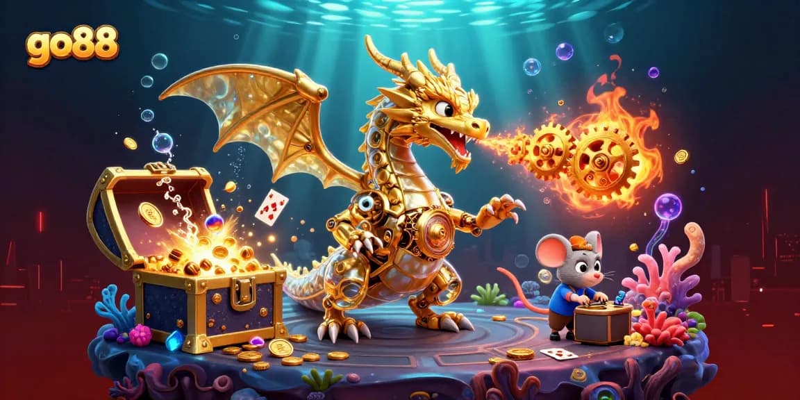 Experience the thrill of go88 gaming with a golden dragon and exciting casino elements in a vibrant underwater scene.