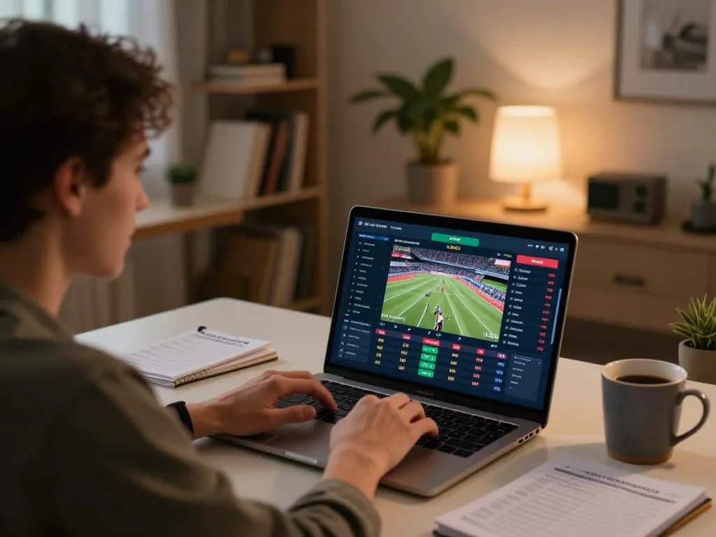 Engaging in strategic betting with nhandinhkeonhacai on laptop in cozy home office.
