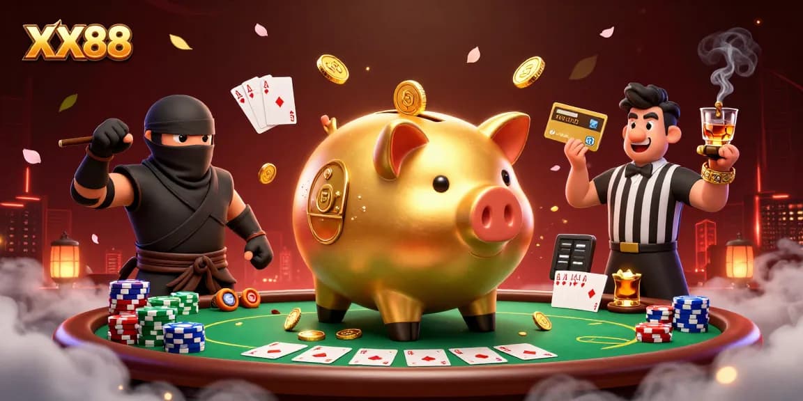 Engage with the exciting world of XX88's vibrant casino, showcasing thrilling poker action and dynamic characters.