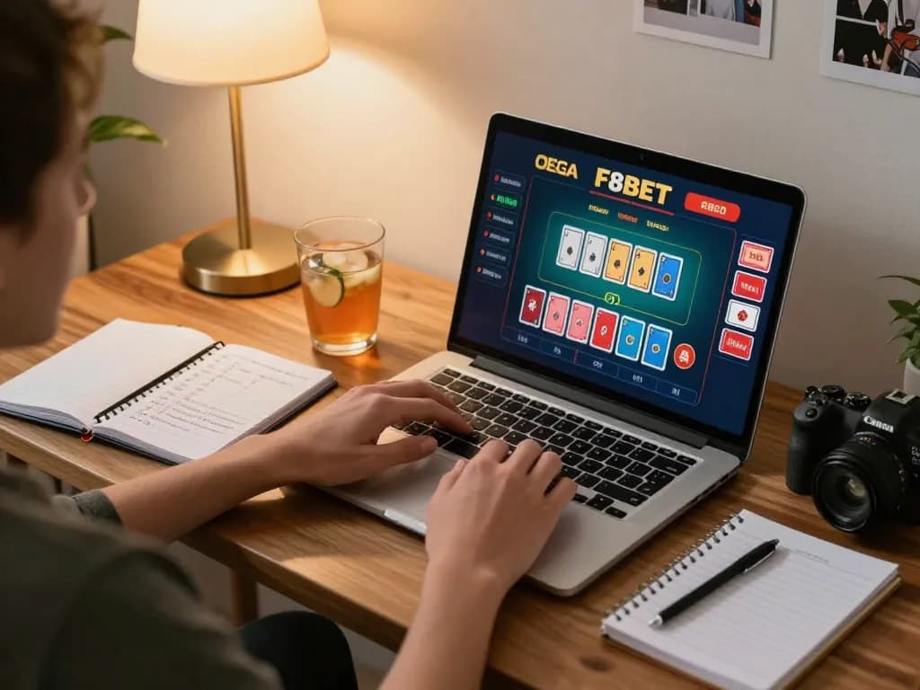 Engaged player enjoying a live dealer game on F8BET platform at home, showcasing strategic gameplay.