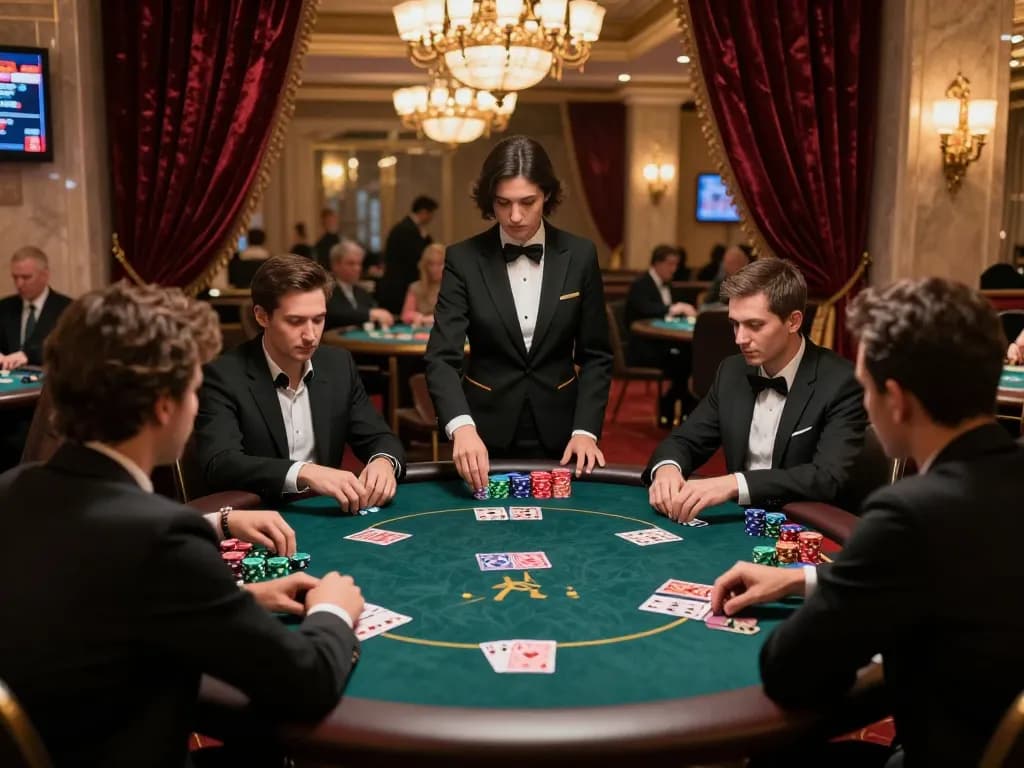 Engaged players in a high-stakes poker game at 9BET casino, showcasing strategic gameplay and vibrant atmosphere.