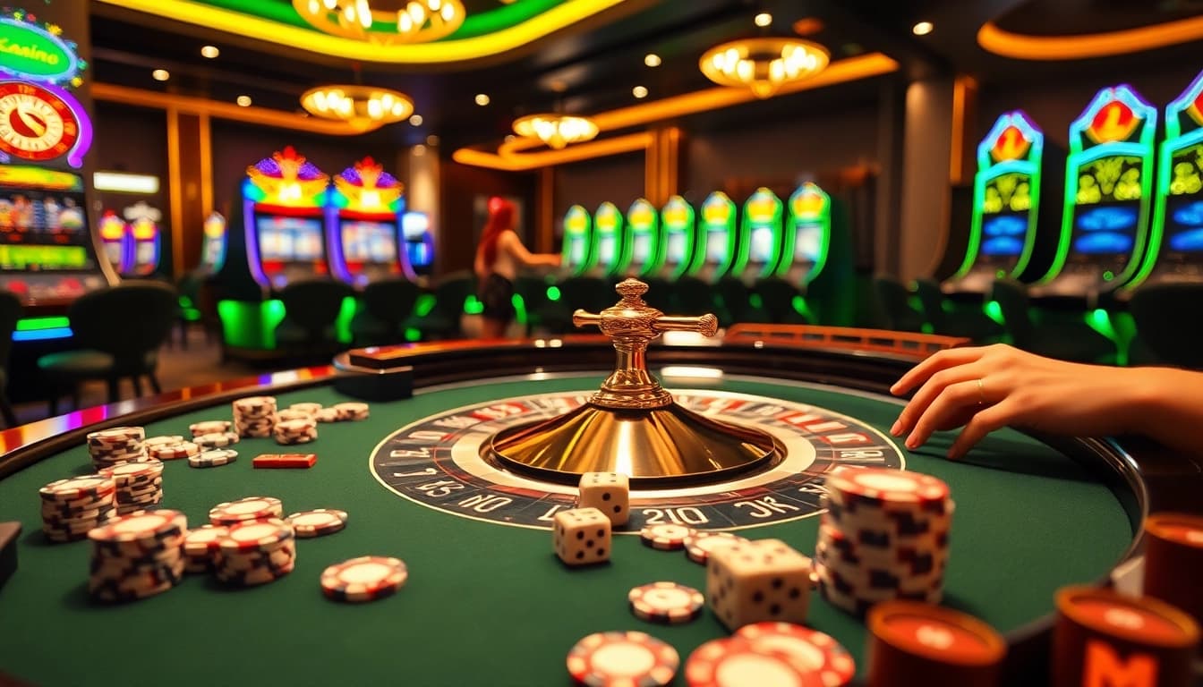 SODO Casino enthusiasts enjoying a glamorous roulette table surrounded by vibrant slot machines.