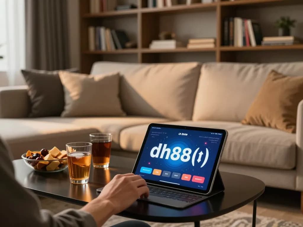 Person engaged in online gaming with the dh88 app on tablet in cozy living room setting.