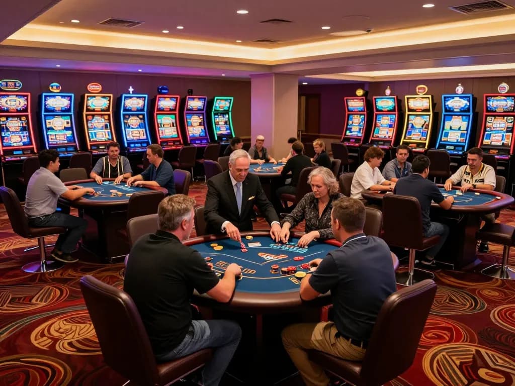 Players enjoying strategic poker gameplay at OKFUN's stylish casino floor, under warm ambient lighting.
