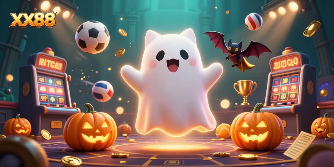 Experience thrilling gaming at xx88 with a ghost cat and bat amid sports excitement.