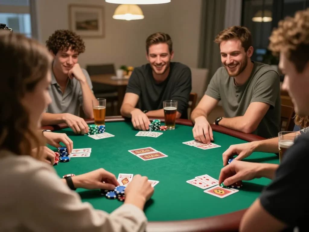 Friends enjoy poker night at home, emphasizing the strategic gameplay of 89bet2.