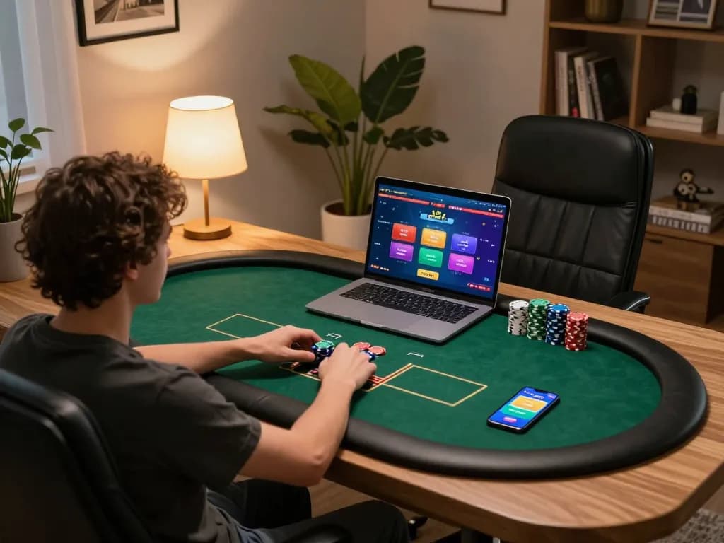 Engaging in an online poker game on tg88 com, a cozy home gaming setup with laptop and chips.
