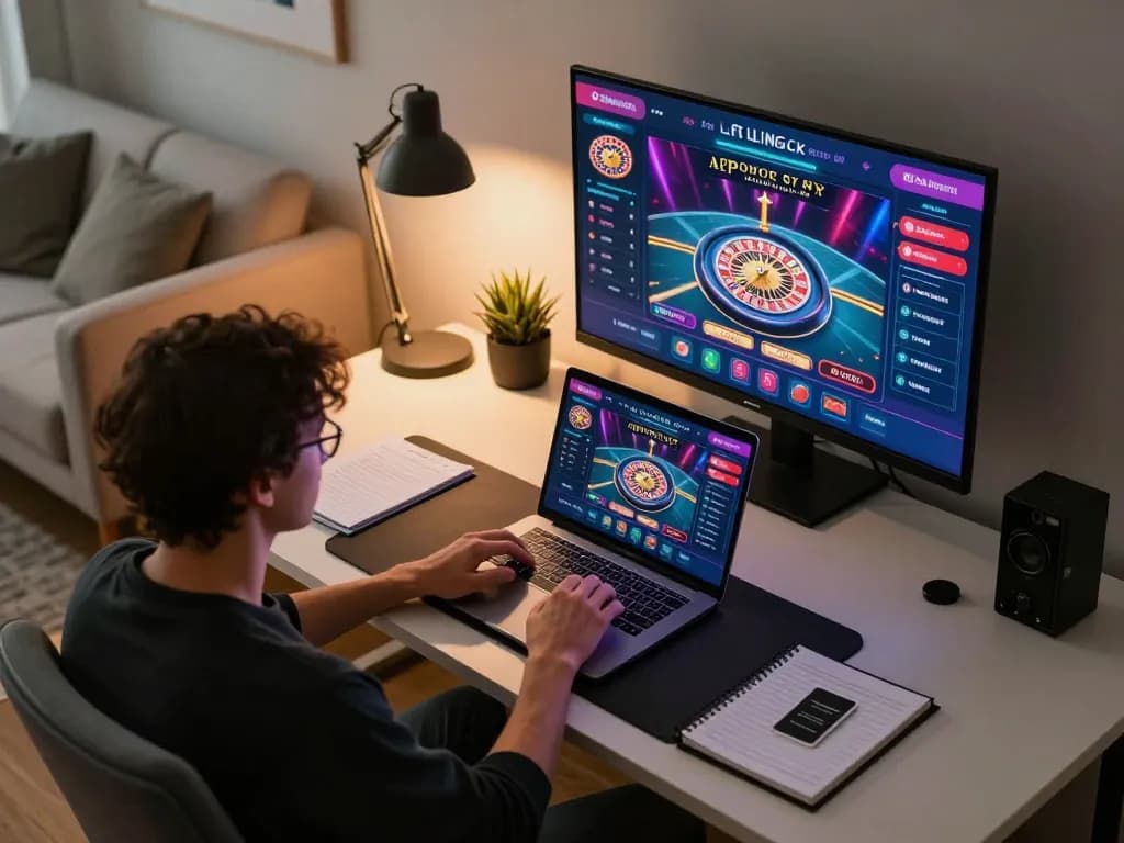 Engaging in online gaming with good88a live dealer, showcasing dynamic gaming setup in stylish home