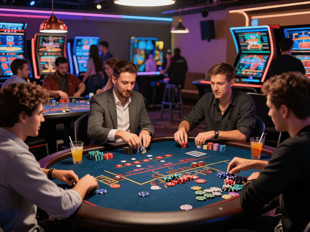 Exciting crypto casino atmosphere with players engaging in gaming tables and digital screens.