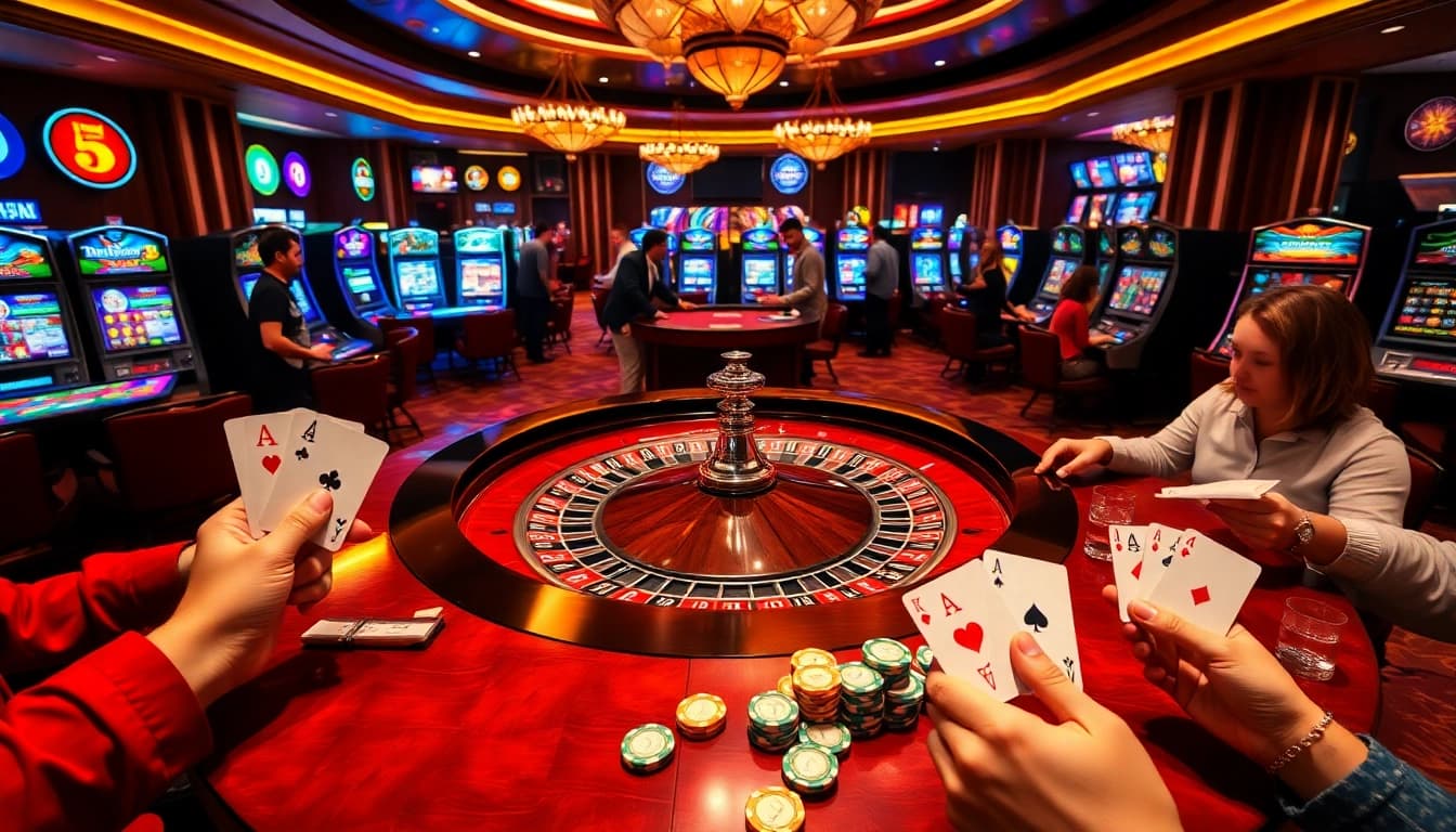 Sunwin casino players enjoy an electrifying game at a stylish roulette table surrounded by slot machines.