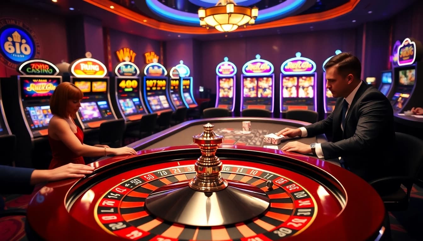 Cổng game Hitclub features a vibrant casino scene with players at a roulette wheel and poker table.