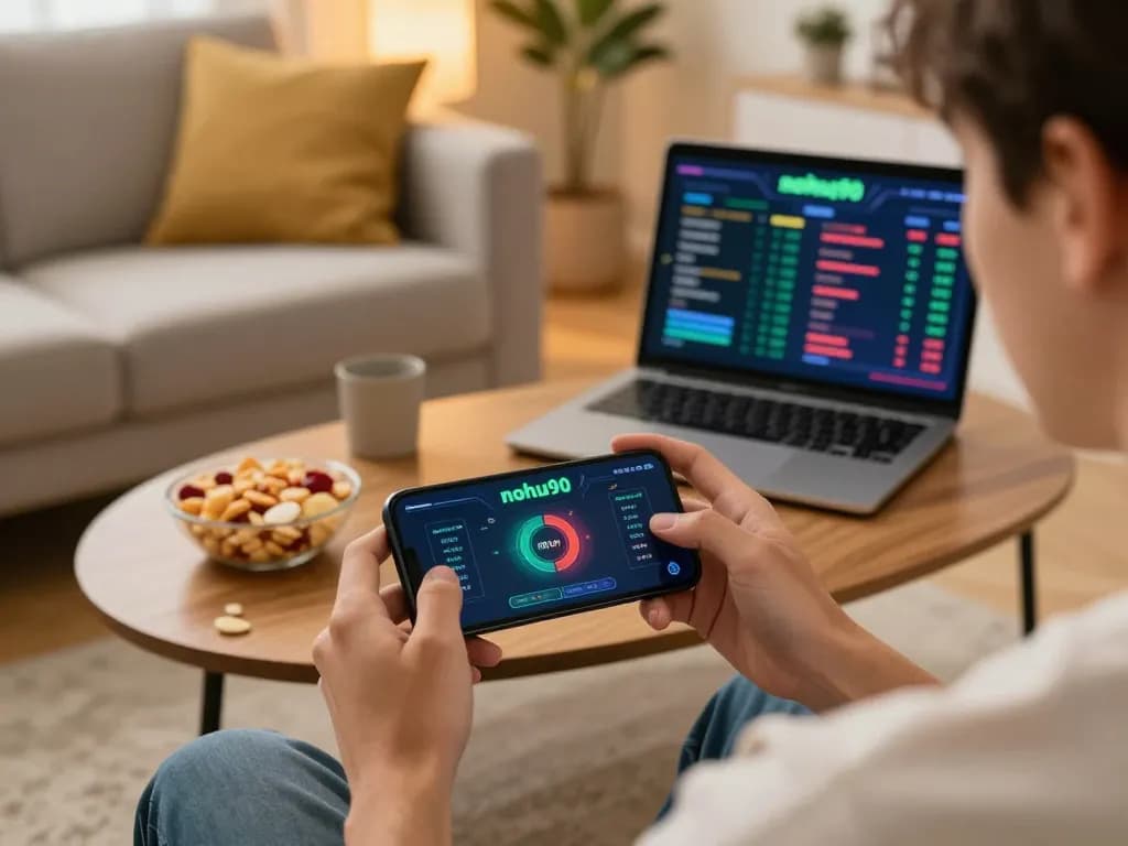 Nohu90 player engaged in online gaming with smartphone in comfortable living room setting.