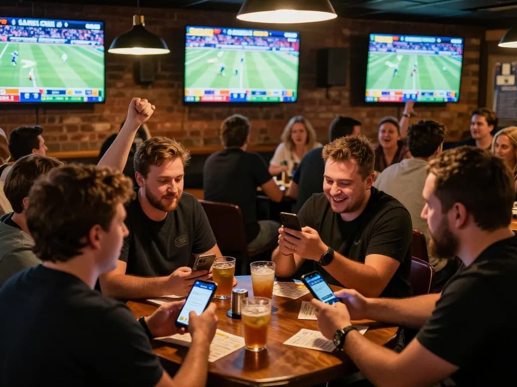 Daga sports betting excitement with patrons engaging in live betting at a busy bar.