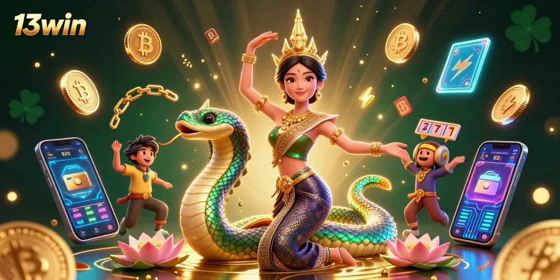 Join the fun at 13win with a vibrant casino scene featuring slots, crypto coins, and traditional Thai elements.