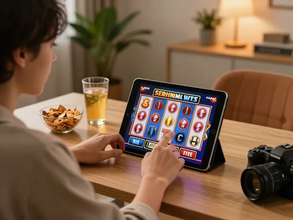 Engaging home gaming moment at https://ee888.sa.com/ where a player enjoys exciting slot gameplay on a tablet.