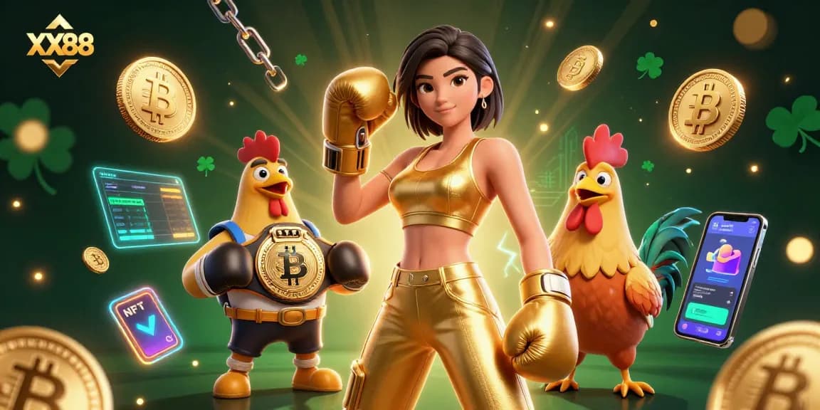 Engage with XX88, a lively casino scene showcasing a powerful female boxer and a cartoon rooster in vibrant action.