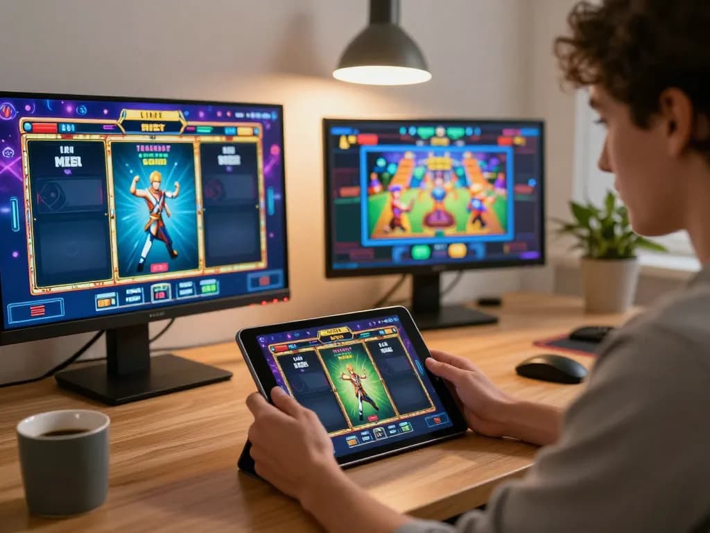Situs slot player enjoying online gaming on a tablet in a cozy home office setting.