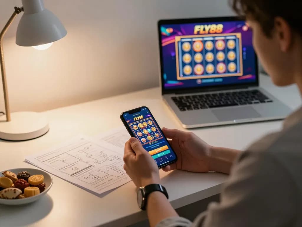Player engaging with FLY88 casino app on smartphone amidst cozy home office setup, showcasing online gambling experience.