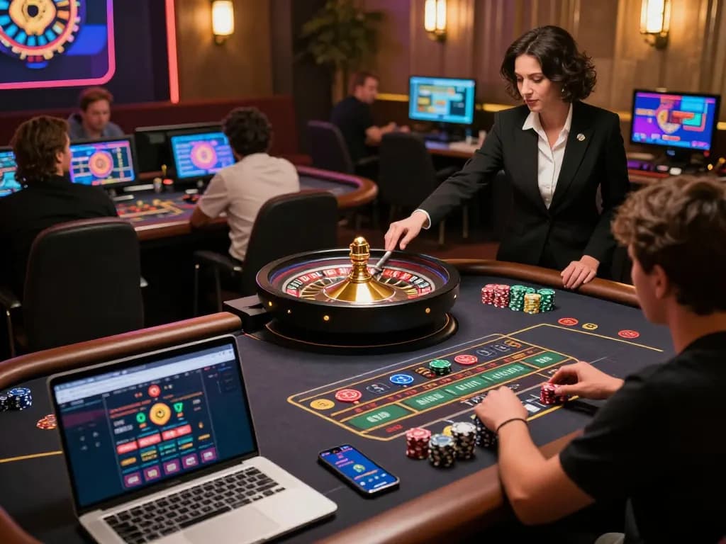 Experience the excitement of SKY88 at a live dealer roulette table, showcasing players engaged in online gambling action.