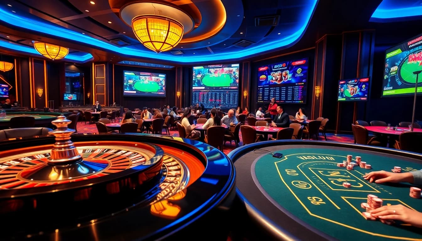 Gambling at an upscale casino inspired by vaoluoi tv, with vibrant betting chips and an exciting roulette wheel.