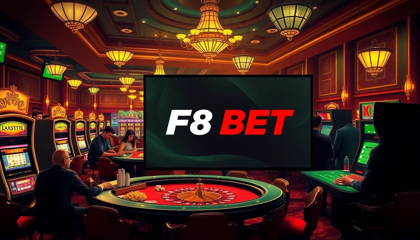 F8 BET players engaging in an exciting online casino experience, showcasing vibrant gambling elements.