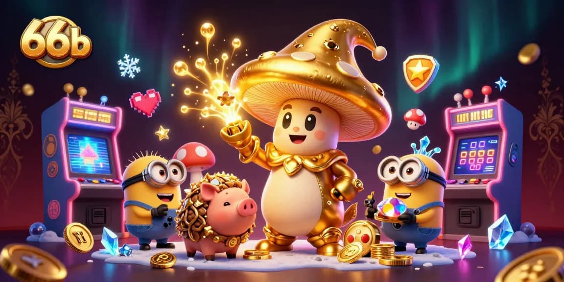 66b captures the magic of casino gaming with a golden mushroom wizard amidst colorful arcade elements.