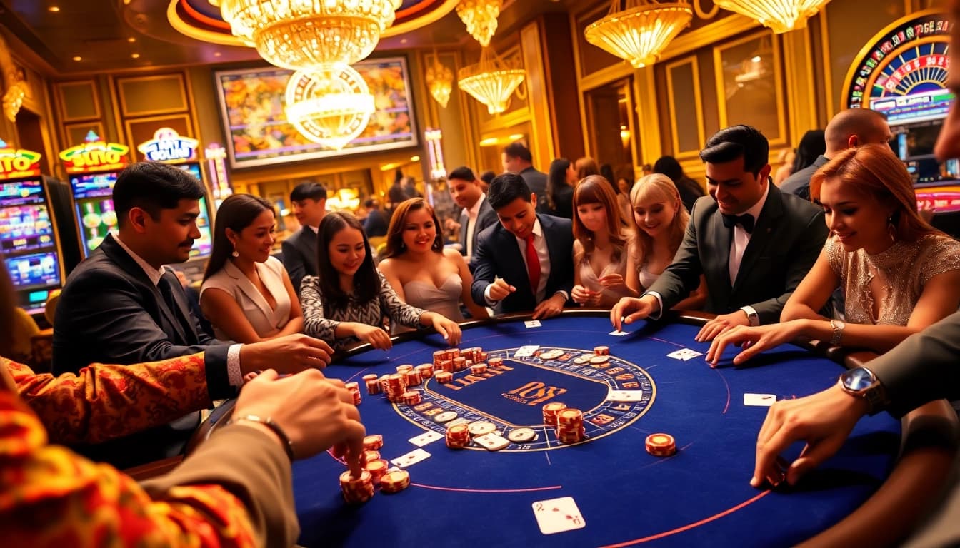 Experience the excitement of Jun 88 at a luxurious blackjack table filled with vibrant casino action.