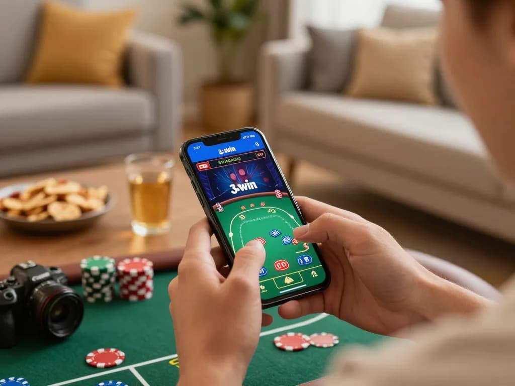 Engaging with the 33win mobile app during a relaxed home gaming session, demonstrating strategic poker gameplay.