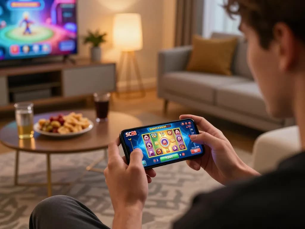 Player engaging in SC88 mobile casino app for a thrilling gaming experience at home