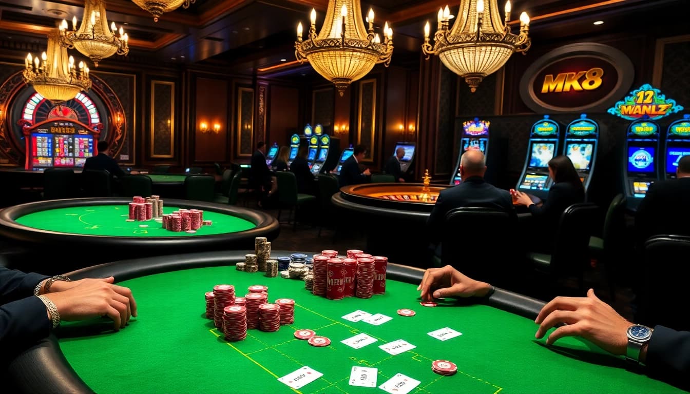 Engaging players revel at a luxurious MK8-themed casino table with vibrant chips.