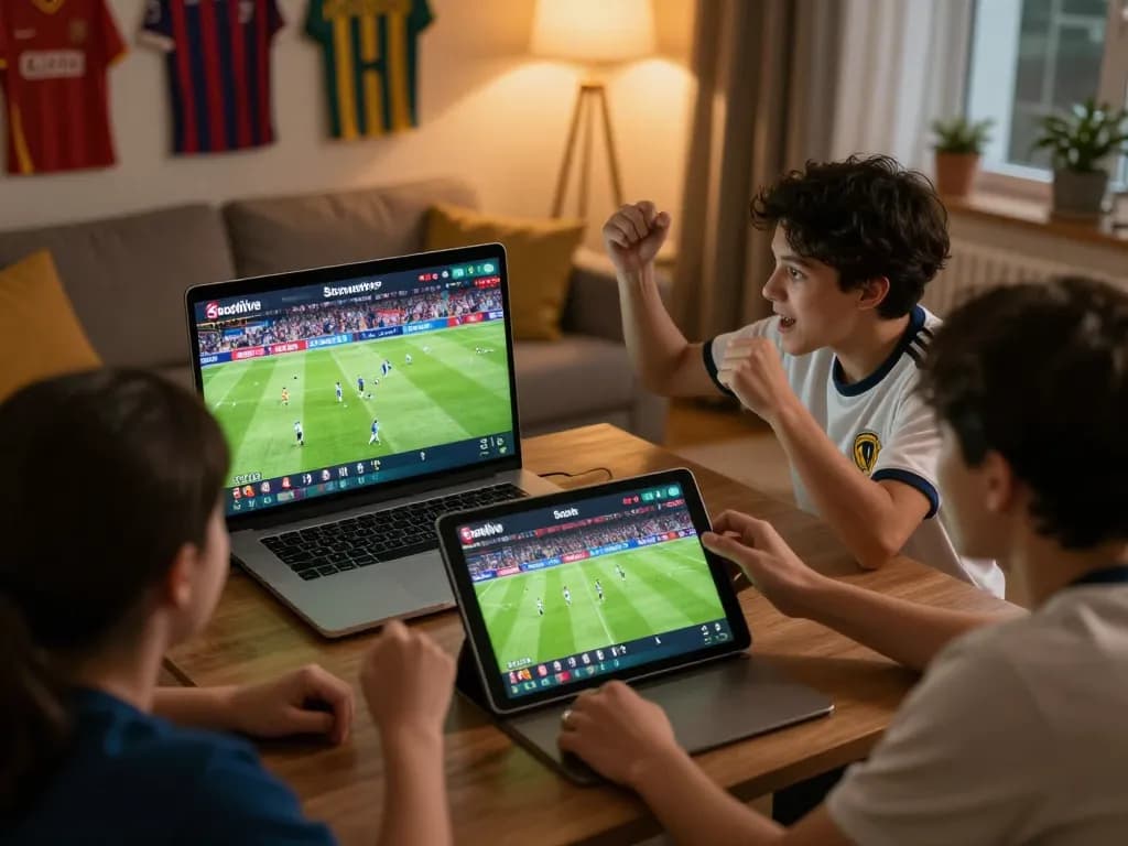 Socolive streaming exciting soccer match with fans cheering in cozy home setting