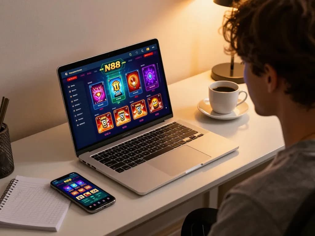 N88 online casino interface displayed on a laptop, showcasing vibrant gaming options.