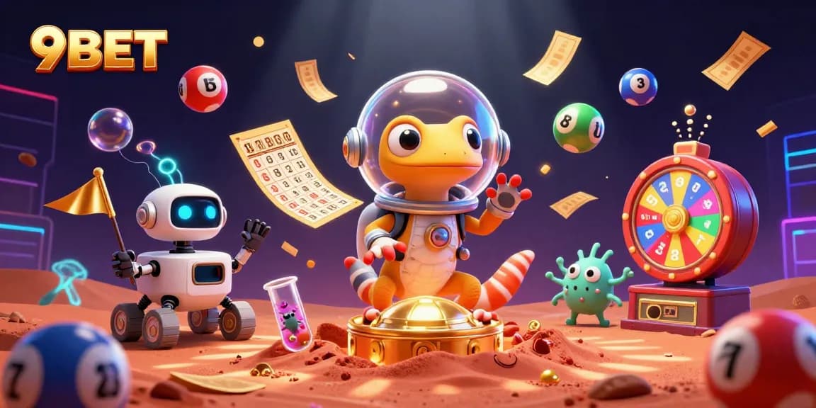 Experience exciting games at 9BET Casino with vibrant lottery balls and golden tickets!