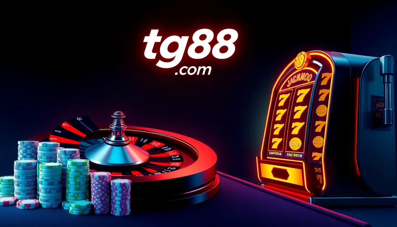 Professional online casino scene at tg88 com featuring spinning roulette wheel and vibrant poker chips