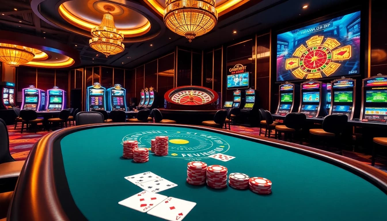 Gamblers enjoying a professional experience at https://win58win.com/ with poker tables and vibrant slots.