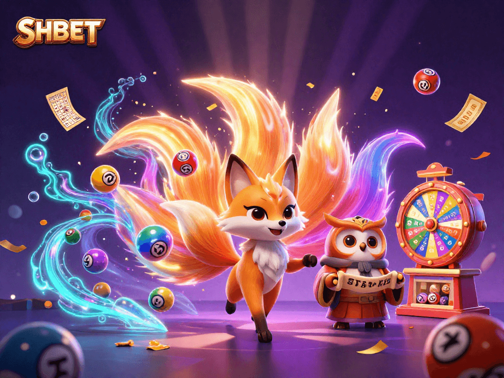 Experience the excitement of SHBET's vibrant games with a colorful nine-tailed fox and wise owl
