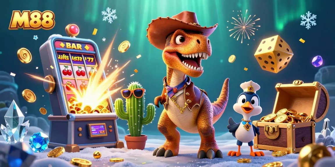 M88 spins into action with a cowboy dinosaur and friends unlocking casino jackpots in a thrilling scene.