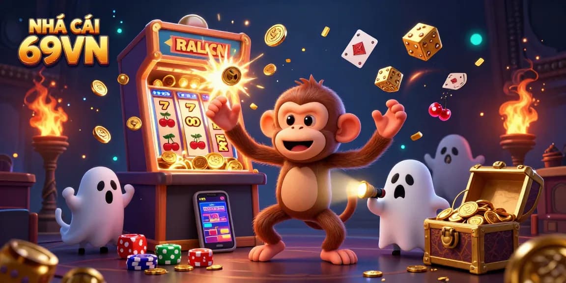 Engaging scene capturing NHÀ CÁI 69VN where a mischievous poltergeist monkey juggles coins amid a bustling haunted casino with a curious puppy.