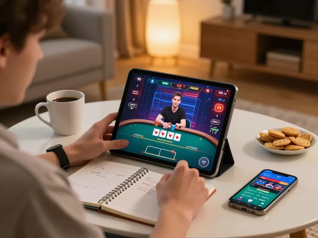 Player enjoying 88คลับ online poker at home with tablet and strategic notes, showcasing a dynamic gaming scene.