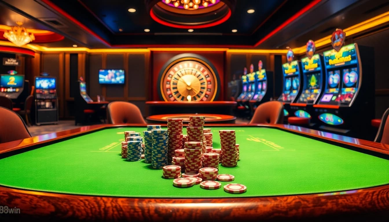 Exciting casino scene with poker chips and a roulette wheel showcasing 98win com gaming.