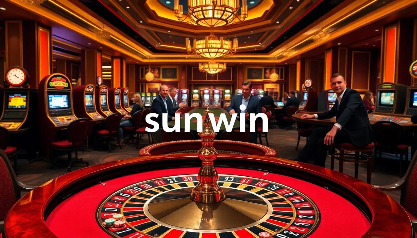 Engage in luxury gambling at the sunwin casino with a vibrant roulette table and lively players.