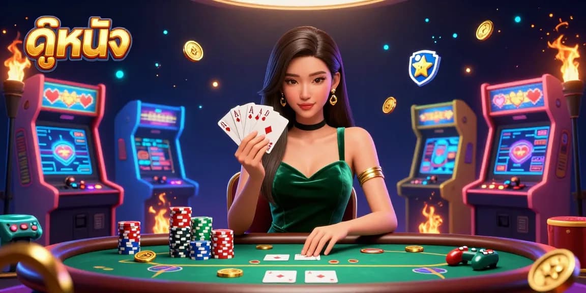 Engaging in ดูหนัง, the beautiful Asian woman plays poker at an elegant casino table surrounded by vibrant gaming elements.