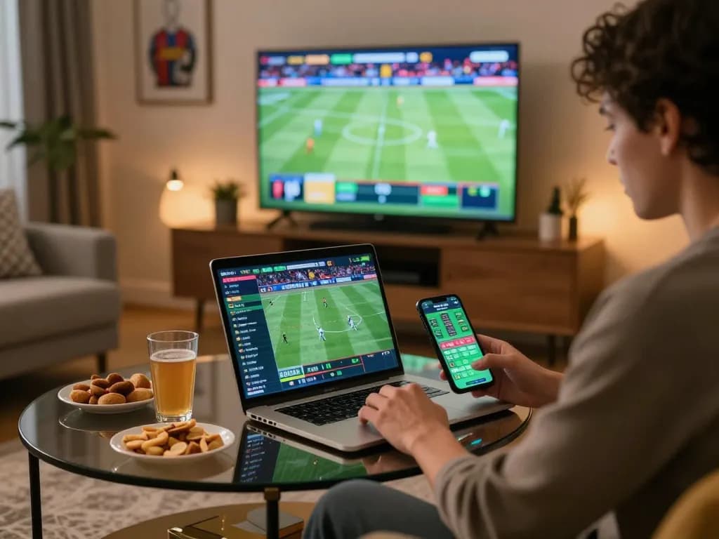 Placing live bets on 78wim using a laptop in a stylish home environment with sports events on screen.