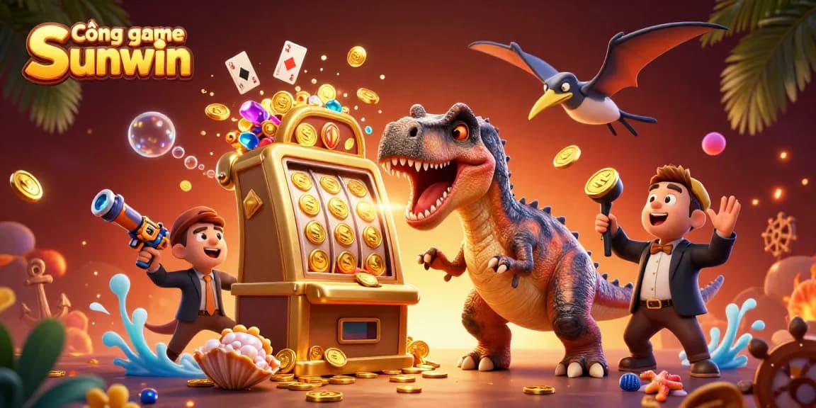 Experience Cổng game Sunwin with vibrant 3D dinosaurs activating jackpots in a casino scene.