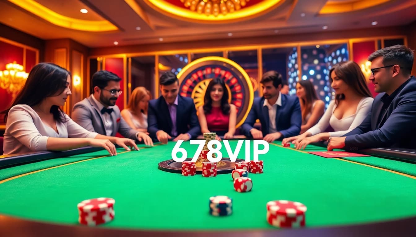 Experience the excitement of gambling at 678VIP with vibrant casino tables and engaging players.