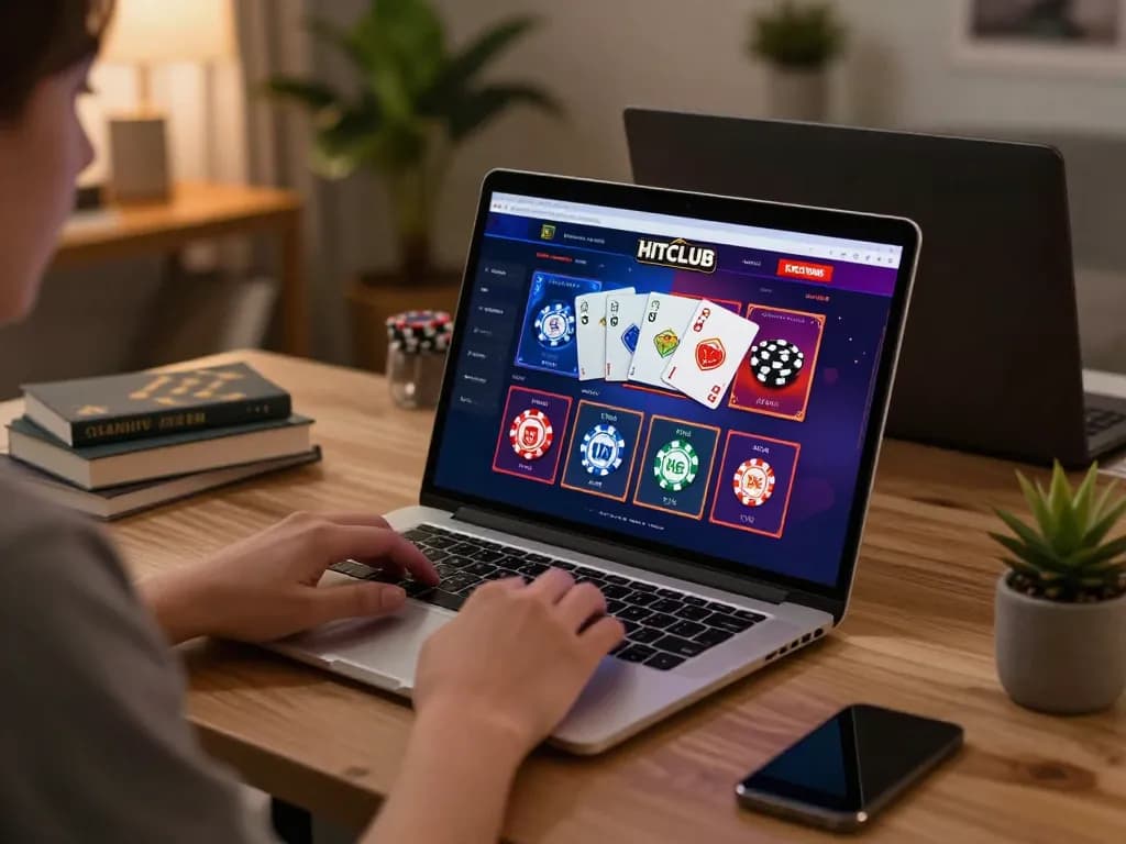 Engaged player exploring HITCLUB's online casino options at home for strategic gaming.