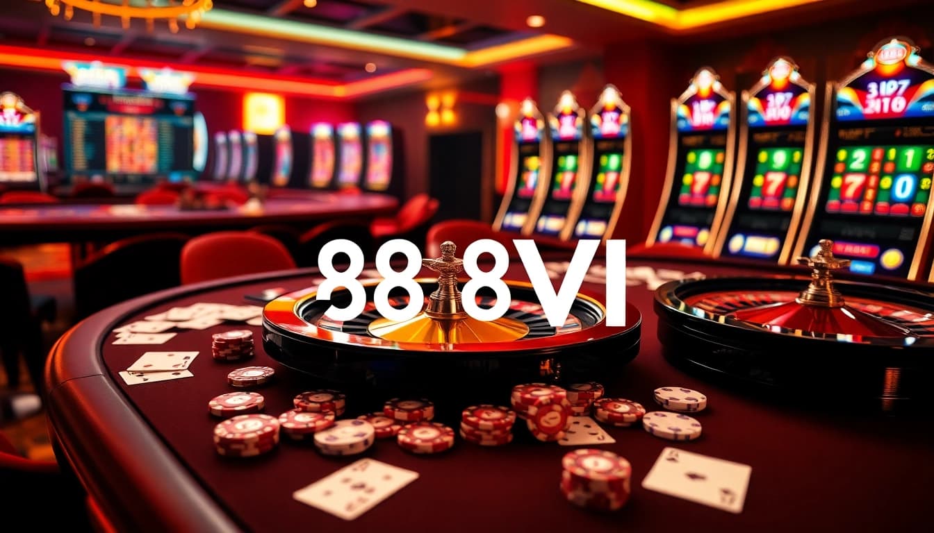 Experience the excitement of 888VI with vibrant casino elements, including roulette and poker chips.